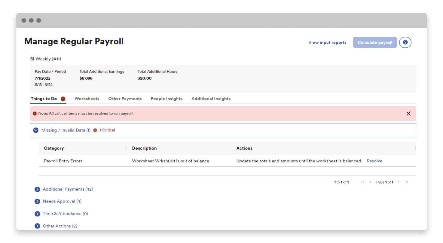 ADP Workforce Now product showing error notification to improve accuracy.