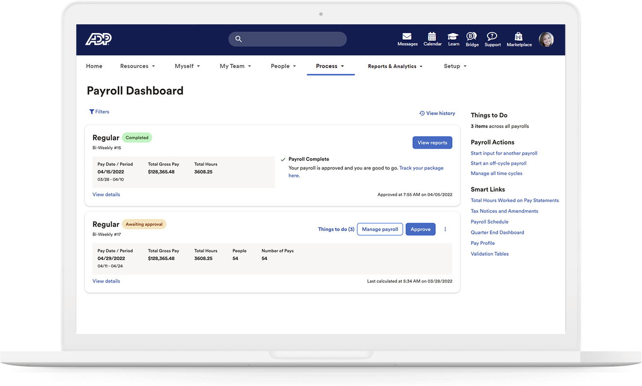 Screenshot of payroll dashboard in browser window showing previously approved pay period and upcoming pay period awaiting approval