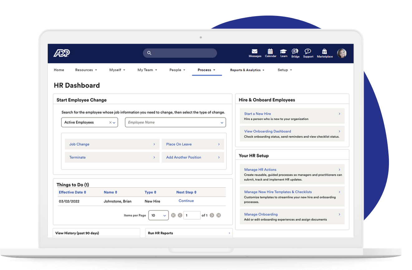 Screenshot of HR Dashboard capabilities including employee status change, tasks to do, hire & onboard employees, and my HR setup in browser window