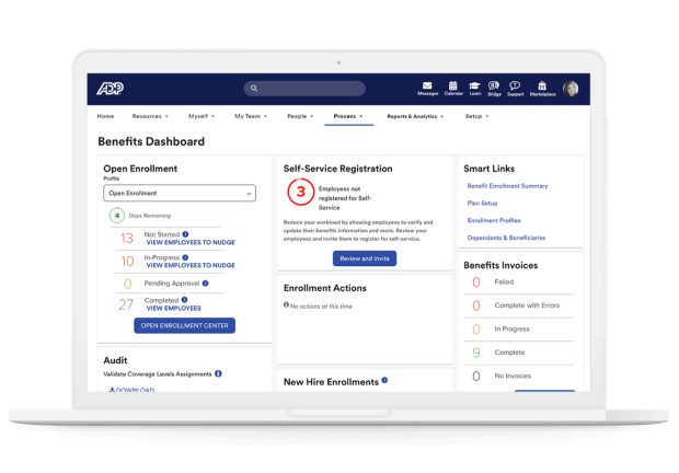 Screenshot of benefits dashboard showing employee open enrollment and self-registration status in browser window