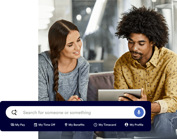 ADP Workforce Now search functionality with quick links to access My Pay, My Time Off, My Benefits, My Timecard, and My Profile