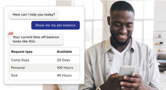 Inset of sample PTO screen set over image of employee using mobile device