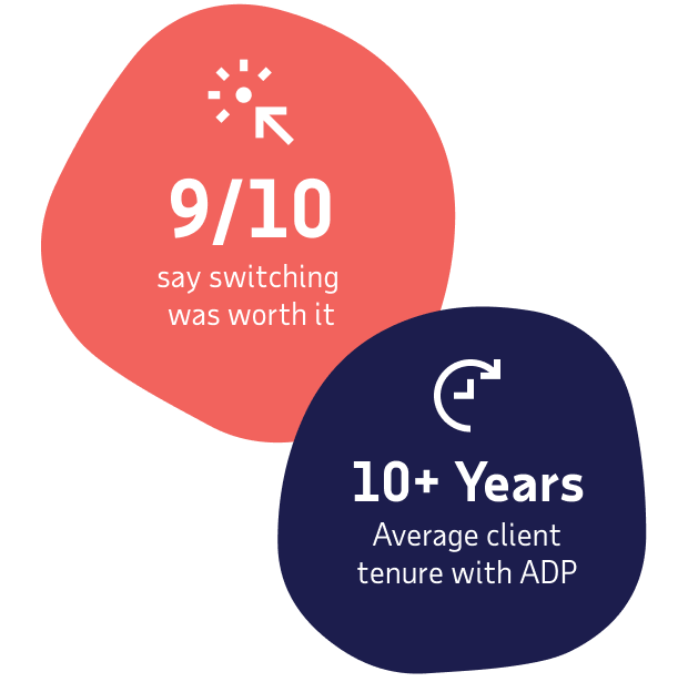 9 out of 10 ADP clients say switching was worth it. The average client tenure with ADP is 10 plus years.