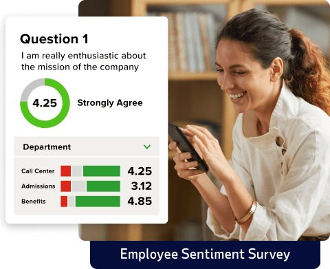 Inset of sample employee sentiment survey set over image of employee using mobile device
