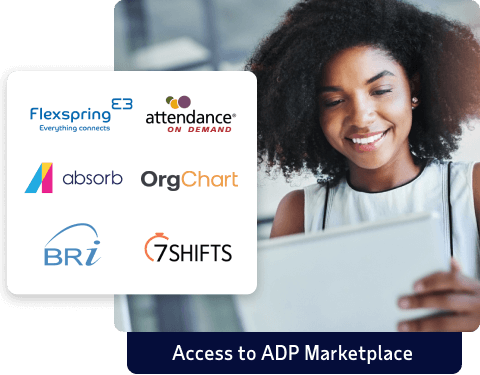  inset of sample partner logos: Flexspring, Attendance on demand, absorb, orgchart, BRI and 7Shifts on ADP Marketplace set over image of employee reading files.