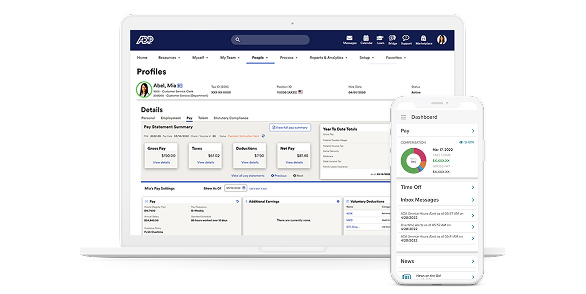 ADP® Comprehensive Services platform shown in a laptop and mobile phone device.