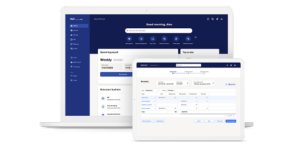 RUN Powered by ADP® platform shown on a laptop and tablet device.