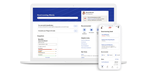 ADP Workforce Now® platform image shown on a laptop and mobile phone device.