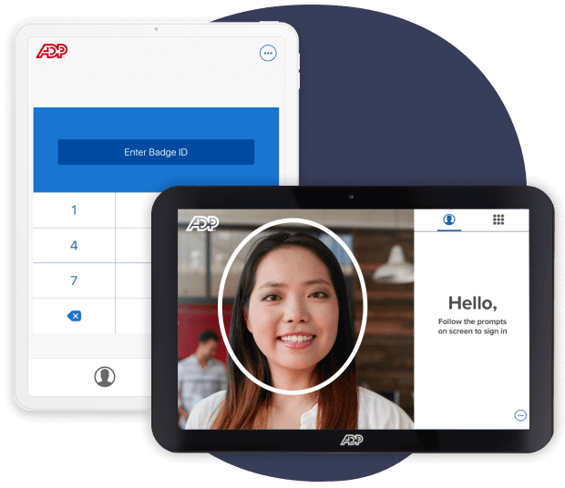 Two tablets displaying ADP clock-in methods: the left shows biometric sign-in using a worker's face, and the right shows a keypad for badge ID entry