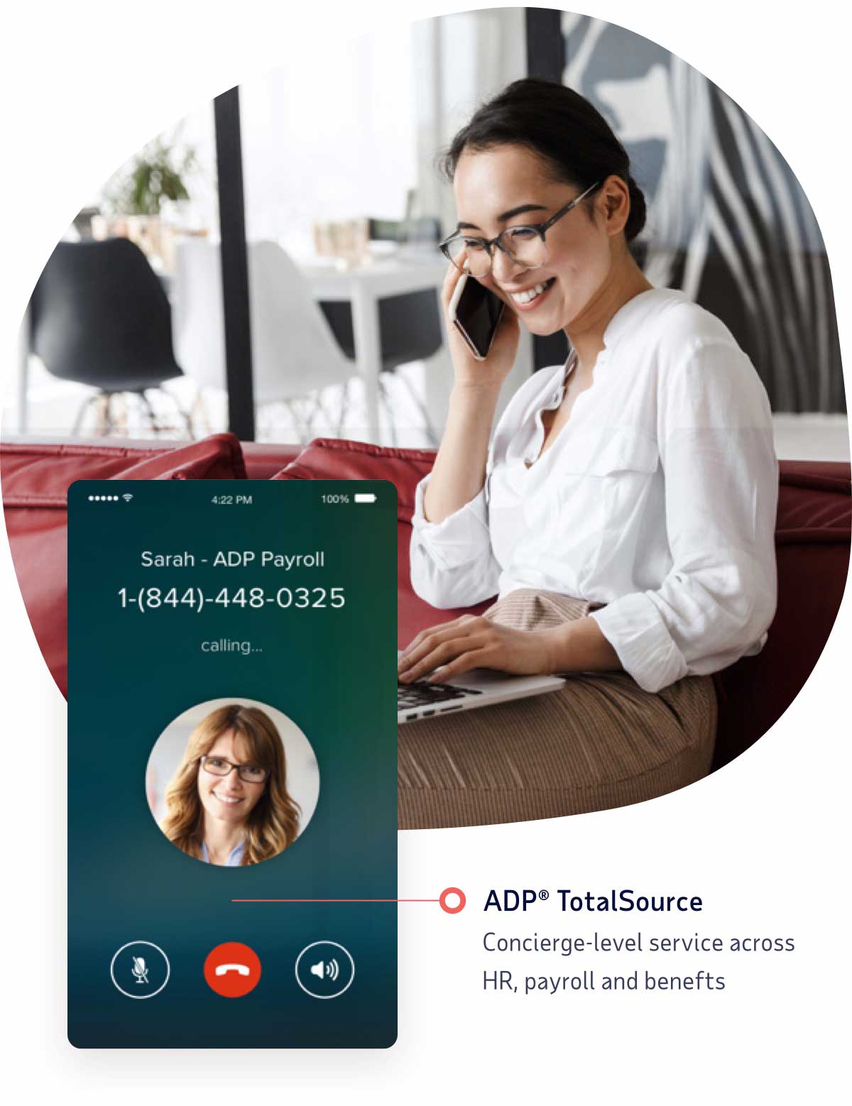 Woman on the phone with ADP TotalSource support specialist for concierge-level service across HR, payroll and benefits