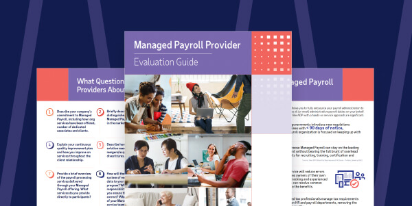 Manager Payroll Provider Evaluation Guide cover and opening two pages