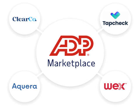 Featured ADP Marketplace application logos: ClearCompany, OrgChart, Synerion, Aquera