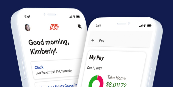 Welcome screen and pay dashboard of the ADP Mobile Solutions app