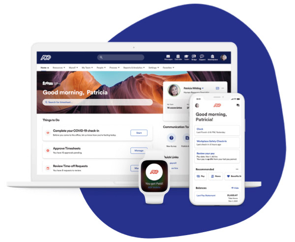 Screenshot of ADP TotalSource dashboard on laptop and payroll on mobile device