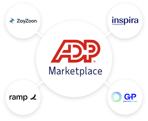 Featured ADP Marketplace application logos: Inspira, ZayZoon, Ramp, Global Partners