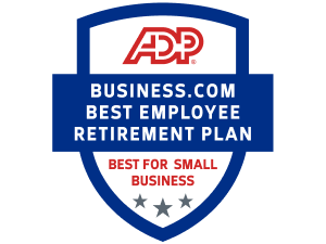Business.com "Best for small business" badge showing ADP was named the best employee retirement plan