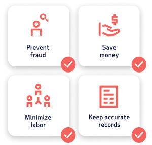 graphic showing the benefits of ACH payroll, with text that reads: prevent fraud, save money, minimize labor,  and keep records accurate