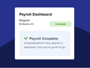 Screenshot of an ADP payroll dashboard showing that regular, bi-weekly payroll has been completed and approved