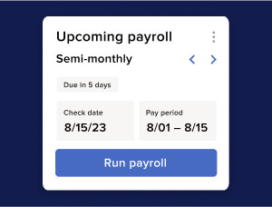 ADP product interface showing upcoming payroll for a semi-monthly schedule, including check date and payroll period. The screen notes that payroll is due in 5 days, with a "Run payroll" button displayed.