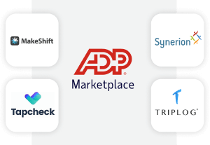 ADP Marketplace logo surrounded by logos for MakeShift, Synerion, Triplog, and Tapcheck