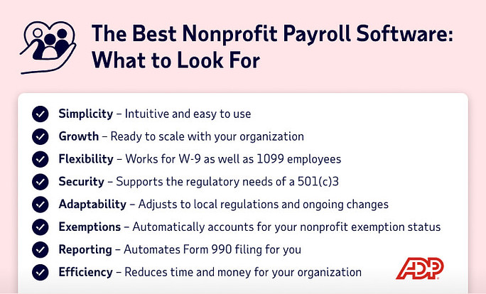 Bulleted list showing What to Look For in the Best Nonprofit Payroll Software:
* Simplicity – Intuitive and easy to use.
* Growth – Ready to scale with your organization.
* Flexibility – Works for W-9 as well as 1099 employees.
* Security – Supports the regulatory needs of a 501(c)3.
* Adaptability – Adjusts to local regulations and ongoing changes.
* Exemptions – Automatically accounts for your nonprofit exemption status.
* Reporting – Automates Form 990 filing for you.
* Efficiency – Reduces time and money for your organization.