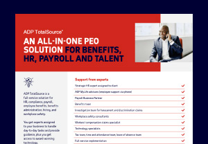 Cover of the ADP TotalSource® An all-in-one PEO solution for benefits, HR, payroll and talent fact sheet.