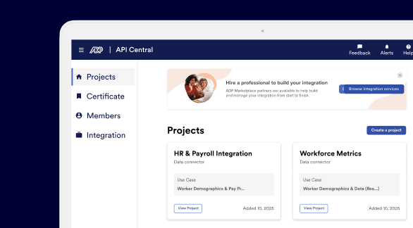 API Central home screen, displaying Projects, Certificate, Members, Integration