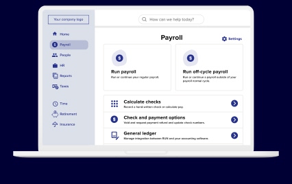 Laptop displaying a white-labeled embedded payroll dashboard with options to run payroll, calculate checks and manage payments.