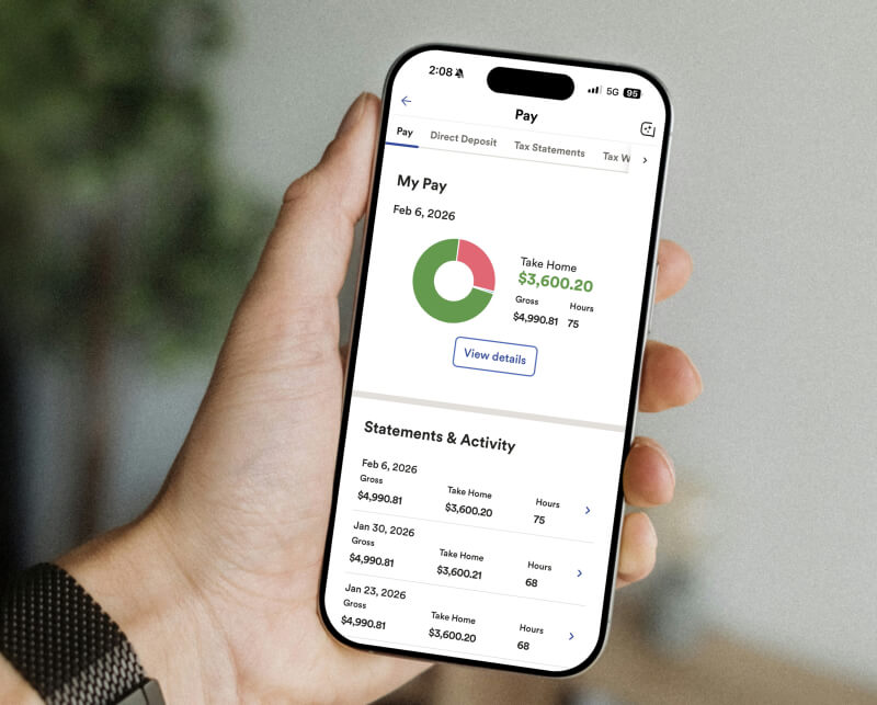 Employee uses self-service features on the ADP mobile app to check pay.].