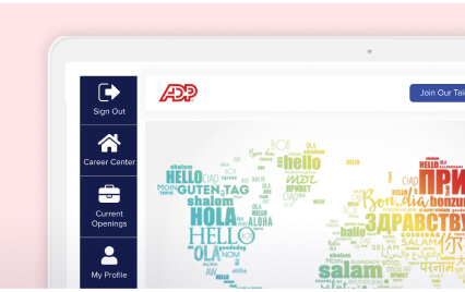 ADP Global Payroll home screen showing navigation options to sign out, career center, current openings and my profile.