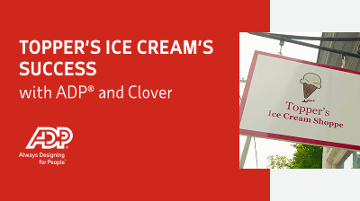 Still from Testimonial Video displaying the Topper's Ice Cream Shoppe Storefront sign saying 'Topper's Ice Cream's success with ADP and Clover.