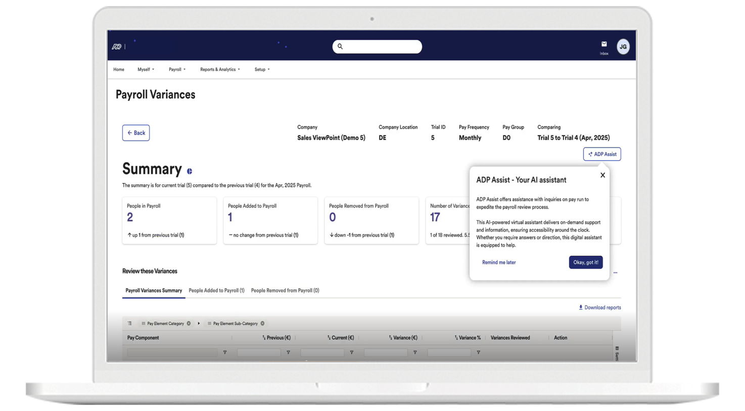 ADP® Global Payroll payroll variances dashboard.