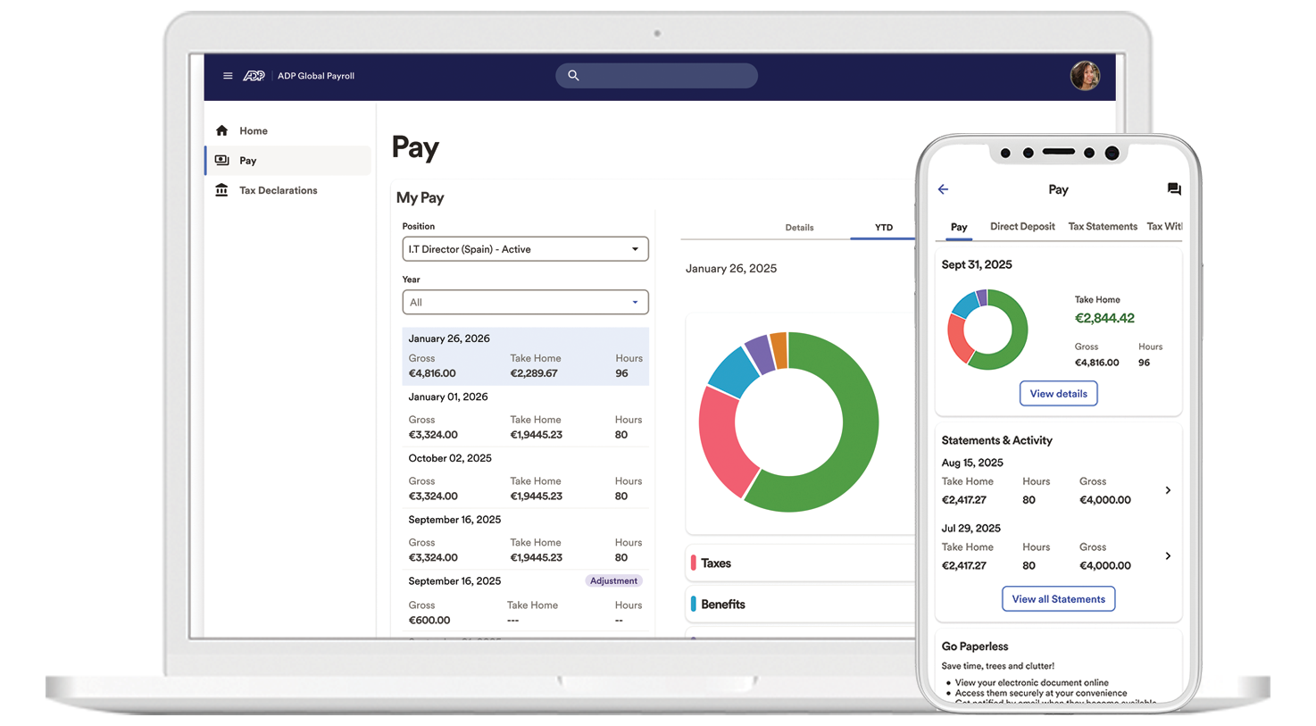 ADP® Global Payroll My Pay employee dashboard in desktop and mobile view.